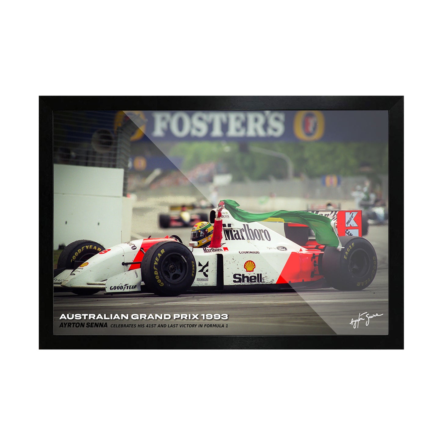 Senna with Brazil Flag Framed Poster