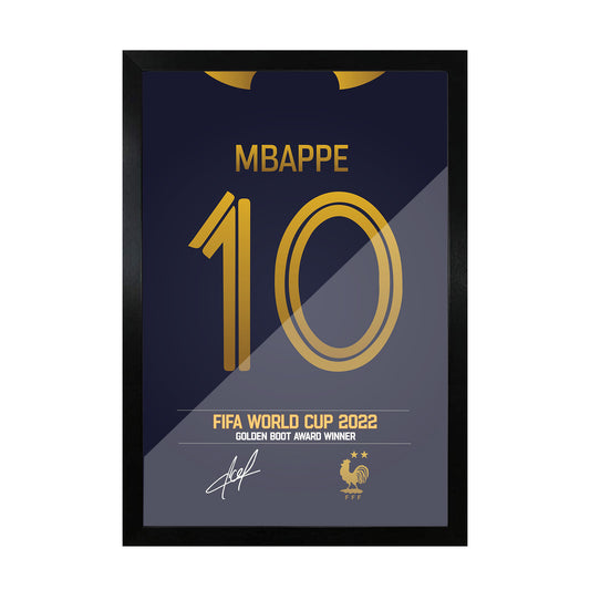 A framed poster of MbappΓ©'s FIFA World Cup 2022 jersey with a signature at the bottom.