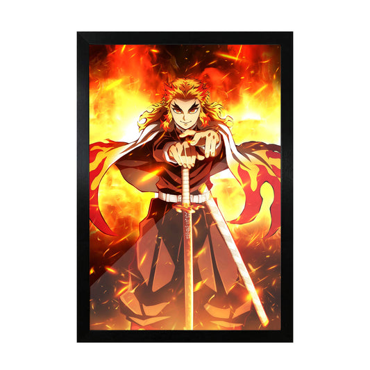 Framed artwork of a Rengouku from Demon Slayer with flames and a sword.